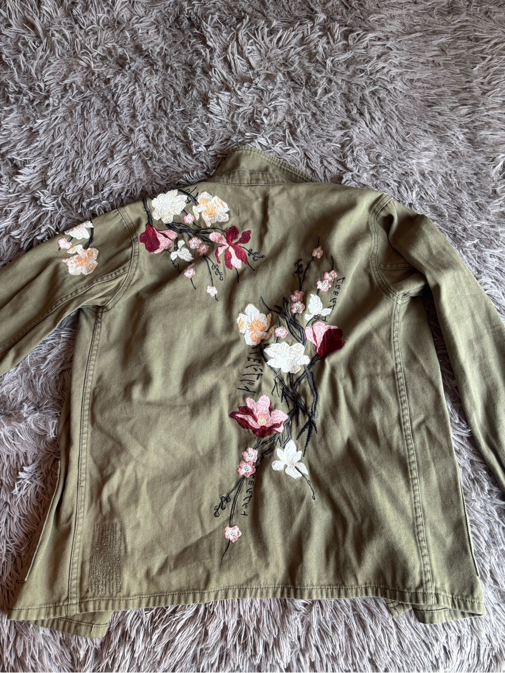 Topshop Olive Green Utility Jacket with Pink & Cream Floral Embroidery
